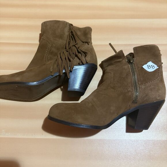 Sam Edelman Womens Heel Boots 7.5 M Brown Louie Zipper Short Fringe Shoes - Picture 1 of 7